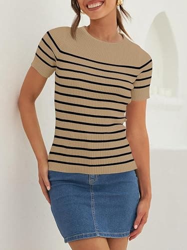ZESICA Women's Short Sleeve Crewneck Striped T Shirt 2025 Summer Ribbed Knit Slim Fit Casual Basic Tee Tops thumbnail 3