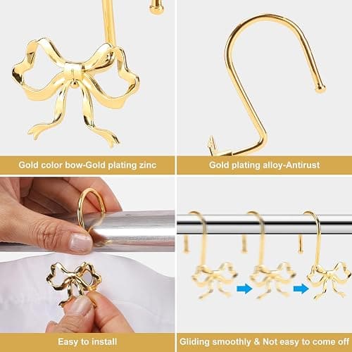 YanKiTour Bow Shower Curtain Hooks, 12 Pack Metal Decorative Rings, Rustproof Bow Knot Design for Bathroom Bedroom Living Room Baby Room Nursery Art Decor (Gold 2) thumbnail 4