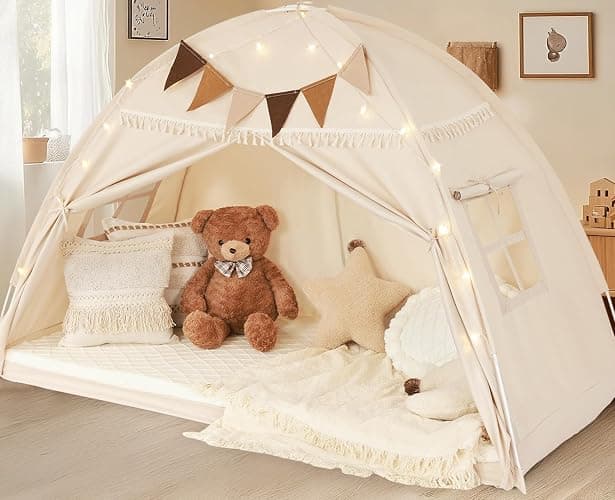 Twin Size Bed Tent Canopy, Kids Play Tent with Flags & Star Lights, Canopy on Bed Privacy Space Sleeping Blackout Tents, Indoor Breathable Portable & Foldable, Girls & Boys Gifts, Cream Tassels Style - Image 1