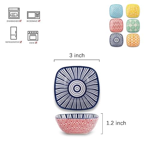 Selamica Ceramic 2.6 OZ Square Dipping Bowl Set, Soy Sauce Dish 3 inch Small Bowls for Ketchup Condiments Side Dish BBQ, Ramekins Oven safe, Stackable, Set of 6, Assorted Colors thumbnail 3