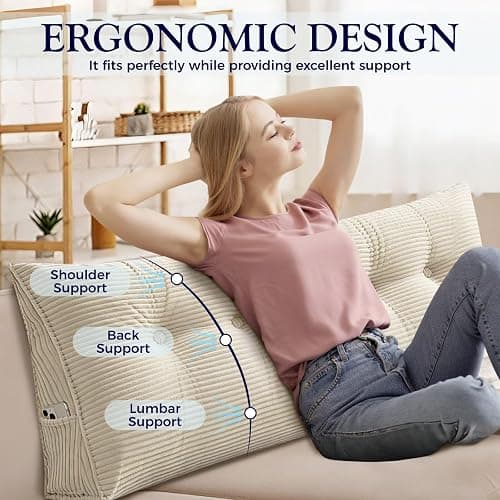 TESICA Twin Wedge Pillow Headboard College Dorm Bed Backrest Triangular Headboard Pillows with Side Pocket Dorm Bed Cushion, Cream White thumbnail 3