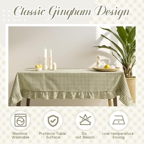 Mindsoft Sage Green Gingham Ruffled Tablecloth,52 x 70 Inches,Rectangle | Decorative Checkered Plaid Table Cloth, Washable Cotton Linen, Vintage Farmhouse Table Cover for Picnics Dining Party Decor thumbnail 5