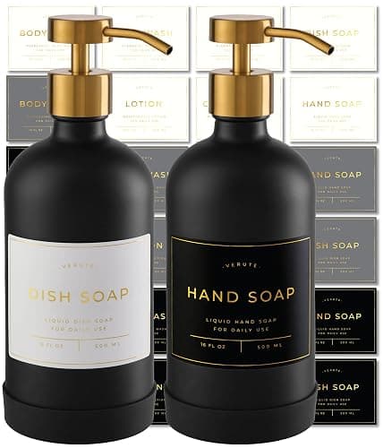 Hand and Dish Soap Dispenser for Kitchen and Bathroom, Set of 2 16 Oz Glass Bottles, Stainless Steel Pumps, Non-Slip Silicone Base, 27 Waterproof Labels (Matte Black Bottle/Brushed Gold Pump) - Image 1
