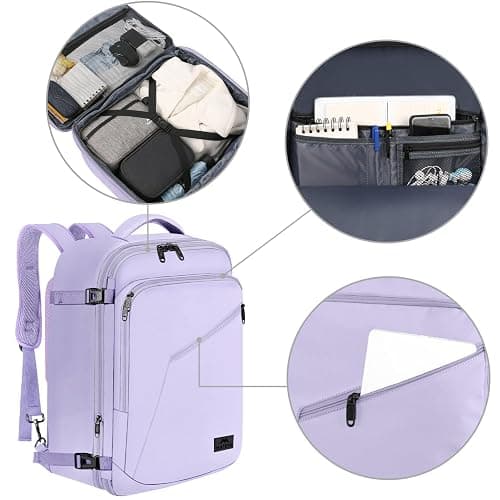 MATEIN Carry on Backpack for Women, 40L Heavy Duty Travel Backpack Airplane Approved, Expandable Simple Fashion Daypack, Frequent Traveler Gifts, Light Purple thumbnail 7
