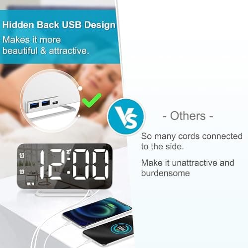 Slim LED Digital Alarm Clock, Mirror Surface for Makeup, with Diming, Large Display, Easy Setting, USB Ports, Modern Decor for Bedroom, Desk, Christmas, Birthday Gift for Women, Daughter, Girl, White - White thumbnail 5