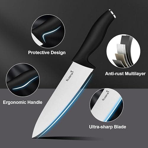 Kuisine Kitchen Knife Set With Block and Sharpener 15 pieces High Carbon Stainless Steel Sharp Professional Appliances Black thumbnail 4