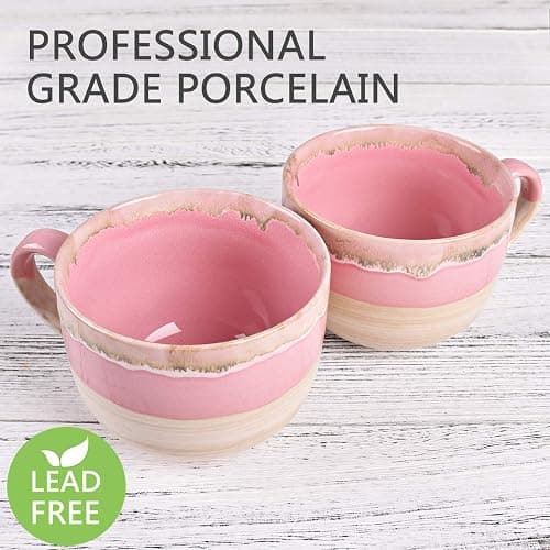 Bosmarlin Large Ceramic Coffee Mug Set of 2, Stoneware Jumbo Latte Mugs Tea for Office and Home, 16 Oz, Dishwasher and Microwave Safe(Pink, 2) thumbnail 4