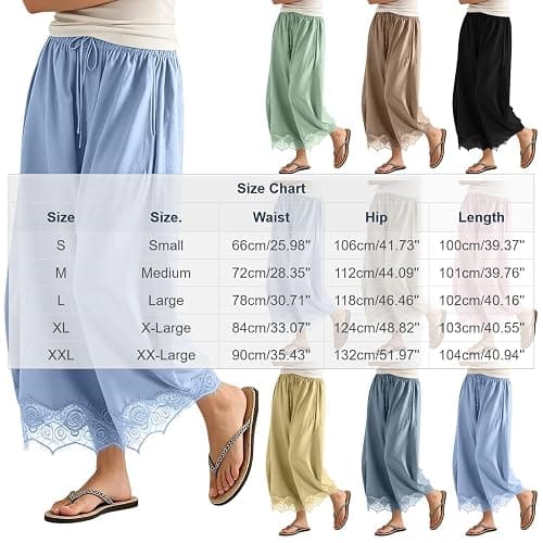 Womens Cropped Lace Trim Pants High Waisted Elastic Drawstring Wide Leg Trousers Casual Flowy Boho Pant with Pockets thumbnail 3