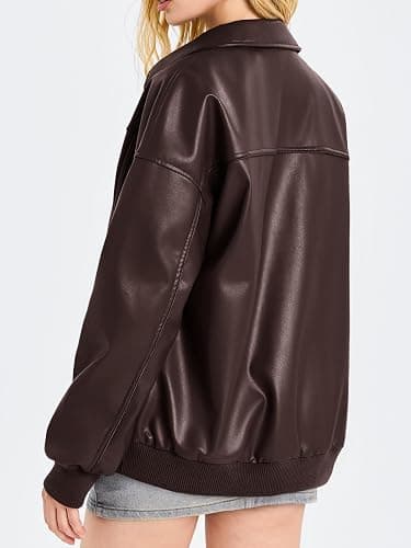 Tankaneo Womens Faux Leather Jackets Oversized Bomber Casual Fall Fashion Zip Up Moto Biker Coats thumbnail 5