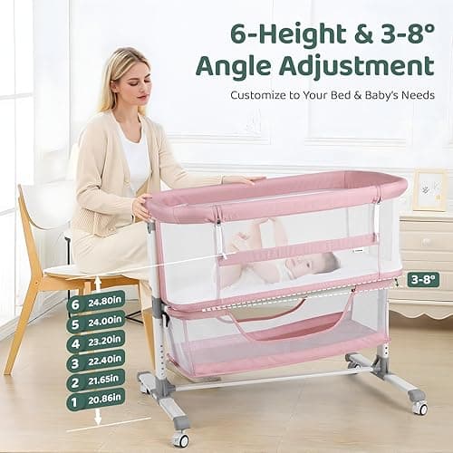 Cowiewie Bassinet Bedside Sleeper, Portable, Breathable, Adjustable Baby Bedside Bassinet for Peaceful Nights, Pink thumbnail 6