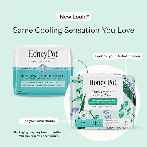 The Honey Pot Company - Herbal Pads for Women - Super w/Wings - Infused w/Essential Oils for Cooling Effect, Organic Cotton Cover, & Ultra-Absorbent Pulp Core - Feminine Care - FSA & HSA - 16 ct - 16 Count (Pack of 1) - Herbal Super Flow thumbnail 2