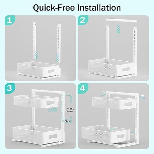 Petiza Under Sink Organizer Adjustable Height 2 Tier Bathroom Organizer Pull Out Cabinet Organer kitchen organizers and storage fridge organizers and storage,White,XL-1 Pack thumbnail 9