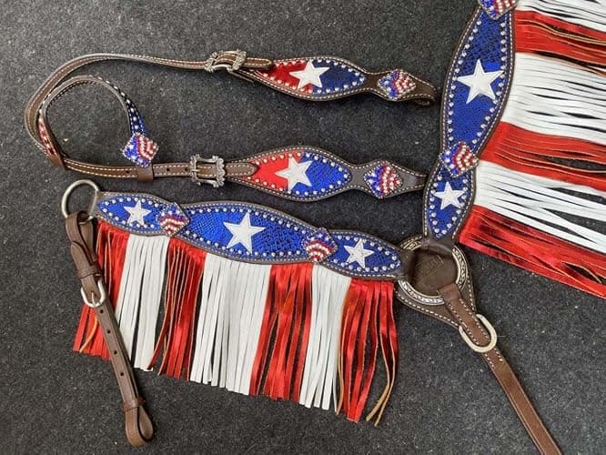 Showman Single Ear Leather Headstall & Breast Collar Set w/Patriotic Design, Average Full Size Horse thumbnail 2