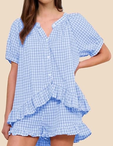 APRTEAK Womens 2 Piece Gingham Pajama Set Plaid Outfits Cute Ruffle Pajamas Checkered Cotton Pjs Short Sleeve Matching Set thumbnail 2