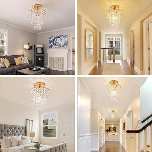 Modern Mini Crystal Chandelier, 3-Tier Raindrops Design Small Chandelier Light Fixture, Flush Mount Ceiling Light Fixture for Bedroom, Hallway, Living Room - E26 Base, Chandelier for Bedroom (Gold) thumbnail 7