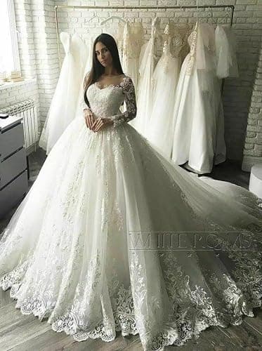 XYAYE Long Sleeve Wedding Dresses for Bride Lace Applique Modest Wedding Gowns with Train Bridal Dresses for Women - 10 - White thumbnail 5