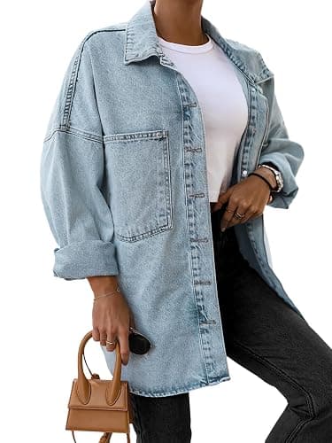 Saodimallsu Women's Oversized Denim Jackets Casual Button Down Long Boyfriend Jean Coats with Pockets thumbnail 2
