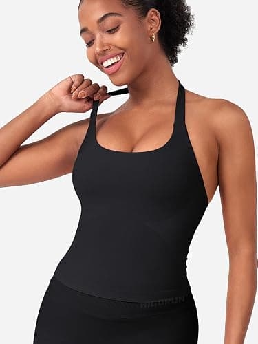 HIGORUN Halter Impact Tank Tops for Women Y2K Workout Longline Crop Tops with Built in Bras Open Back Going Out Gym Top thumbnail 4