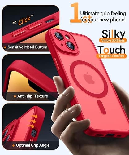 CANSHN Magnetic for iPhone 14 Plus Case, Upgraded [Full Camera Protection] [Compatible with Magsafe] [Translucent Matte] Shockproof Protective Phone Case for iPhone 14 Plus 6.7" - Red thumbnail 4