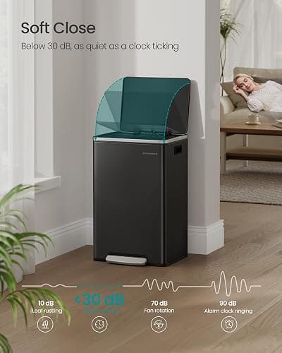SONGMICS Kitchen Bin 50 L, with 15 Bin Bags, Stainless Steel, Removable Plastic Inner Bucket, with Lid, Handles, Soft Close, Ink Black LTB595B01 thumbnail 3