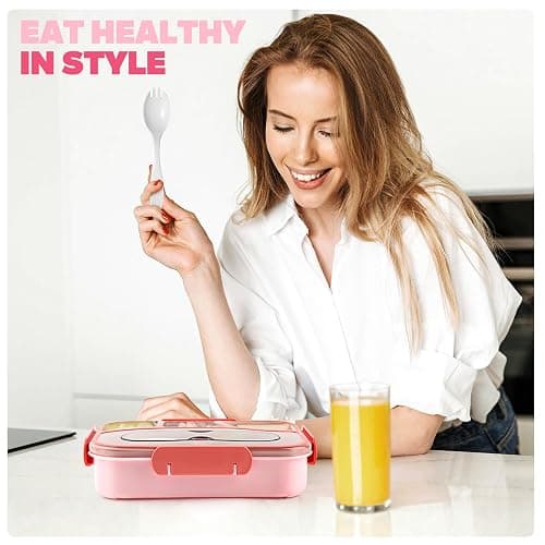 EASYFUN Bento Box Adult, Lunch Box, 4-Compartment Lunch Containers, Drop-Proof, Dishwasher Safe & Made with BPA-Free Materials (Pink) thumbnail 2