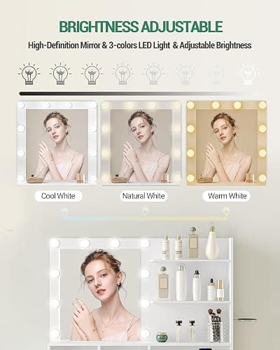 Hzuaneri Vanity Desk with Mirror and 10 LED Lights, Power Strip Makeup Vanity with 3 Shelves, Dressing Table with Drawers & Cabinet, 3 Adjustable Lighting Brightness, White DT34303XCA thumbnail 4