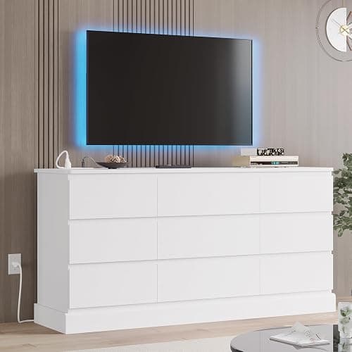 Hasuit Modern White Dresser for Bedroom with 9 Drawers, 61.4"Wide Dressers Chest of Drawer with Large Capacity Storage, Long Dresser TV Stand with Power Outlets, Sturdy Storage Cabinet for Living Room thumbnail 9