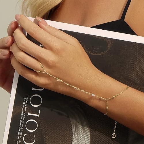 Cicy Bell Hand Chain 18k Gold Plated Bracelet for Women Trendy Teardrop Cubic Zirconia Adjustable Finger Ring Slave Dainty Bracelets Jewelry Gifts thumbnail 4