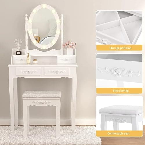 Alohappy Girls Makeup Vanity Set, Dressing Table Desk with Lighted Mirror and Stool, Makeup Table with 4 Drawers for Bedroom, Bathroom (Vanity with Lighted Mirror) thumbnail 7