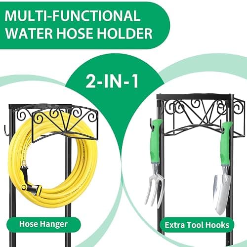 TomCare Garden Hose Holder Upgraded Heavy Duty Metal Water Hose Holder Holds 160 FT Hoses Sturdy Hose Reel with 2 Tool Hooks Freestanding Outdoor Hoses Storage Hanger for Outside Yard Lawn, Black thumbnail 4