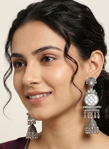 Indian Silver Oxidized Jhumkas Earring for Women Indian Ethnic Traditional Lighweight Dangle Long Jhumka Hoop Earring Jewelry Birthday Gifts thumbnail 2