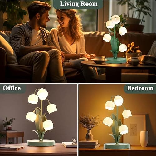 Green Flower Table Lamp, Vintage Lily of The Valley Bedside Desk Lamp 3 Color Modes Cute Flower Reading Light with G4 Bulbs for Night Stand Bedroom Living Room Home Office Decor, Gifts for Women thumbnail 3