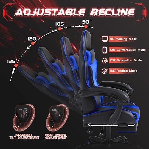 Shahoo Gaming Chair with Footrest and Massage Lumbar Support, Video Game Chairs Height Adjustable Seat with Headrest for Office or Bedroom, Study Room, Blue thumbnail 7