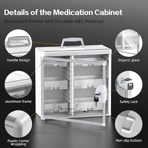 Glosen Lockable Medicine Cabinet with 6 Removable Trays, Wall Mounted & Portable Locking Medicine Cabinet Organizer with Key Lock for Home, Bathroom, Office - Aluminum Frame(15.63 * 6.5 * 15.43Inch) thumbnail 3