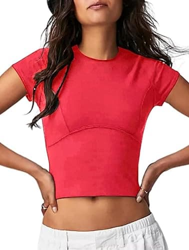 Aimiray Women's Y2k Basic Tees Short Sleeve Fitted Baby Tees Slimming White Cute Crop Tops Summer Tight Shirts - Image 1