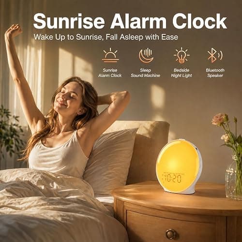 JALL Full-Screen Wake Up Light Sunrise Alarm Clocks for Bedrooms, White Noise Machine for Heavy Sleepers, 25 Natural Sounds, Dual Alarms, FM Radio, 17 Dimmable Colors, Bluetooth Speaker thumbnail 4