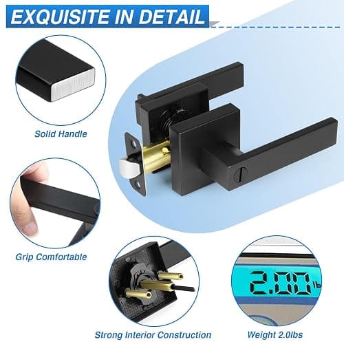 Plustool 8 Pack Matte Black Door Handles, Keyless Interior Door Knobs, Privacy Door Lever Locksets for Bedroom Bathroom, Heavy Duty Square Door Lock (2.0lb), Reversible for Left&Right Handled Doors thumbnail 3