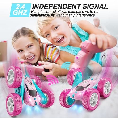 QUNREDA RC Cars, Pink Remote Control Car for Girls, 2.4 GHZ Double Sided RC Stunt Car 360° Rotating Remote Control Crawler with Headlights Car Toys for 6 7 8 9 10 11 12 Girls Birthday Gift Grandkids thumbnail 3