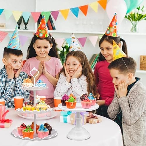 7 Pcs White Dessert Table Stand Set - 1Pcs Metal Cake Stand 2Pcs 3-Tier Plastic Cupcake Stands Cookie Tray Rack Serving Tray Cake Display Tower and 4 Dessert Trays for Wedding Party Baby Shower thumbnail 2