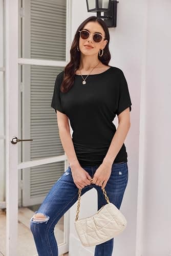 Misakia Womens Ruched Tops Casual T Shirts Dolman Short Sleeve Shirts Boat Neck Summer Off Shoulder Batwing Tops 2025 thumbnail 4