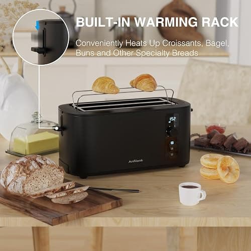 Anfilank Toaster 4 Slice Long Extra Wide Slot 1.5" with Countdown Timer, 6 Browning Settings, Built-in Warming Rack, Bagel/Cancel/Defrost Functions, Removable Crumb Tray-Matteblack thumbnail 6