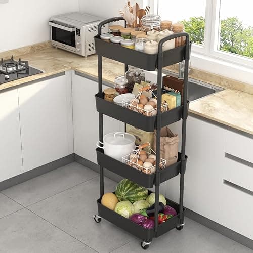 Sywhitta 4-Tier Plastic Rolling Utility Cart with Handle, Multi-Functional Storage Trolley for Office, Living Room, Kitchen, Movable Storage Organizer with Wheels, Black thumbnail 7