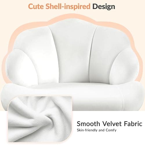 Yaheetech Cute Velvet Desk Chair Shell-Shaped Back Vanity Chairs Modern Swivel Desk with Wheels Adjustable Height for Home Office Bedroom White - White thumbnail 5