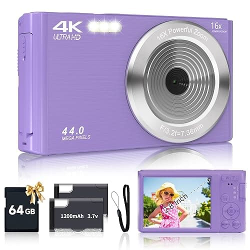 Digital Camera for Teens, FHD 4K 44MP Digital Camera Purple with 64GB SD Card 16X Digital Zoom, Cameras for Photography Compact Point and Shoot Camera for Teen Boys Girls Kids Camera Digital Purple - Image 1