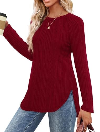 Saloogoe Long Sleeve Shirts for Women 2025 Fall Clothes Tunic Tops Loose Fit Dressy Crewneck Pullover Sweaters Curved Hem thumbnail 2