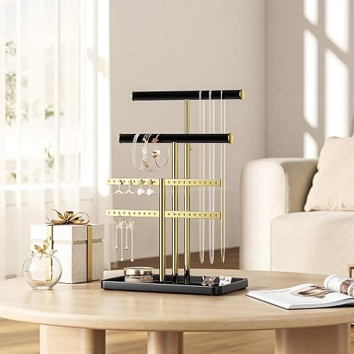 pickpiff Jewelry Holder Organizer with Velvet, Adjustable 10"-17" Tall, Metal Stand for Display Bracelet, Necklace, Earrings, Rings, Black and Gold thumbnail 5