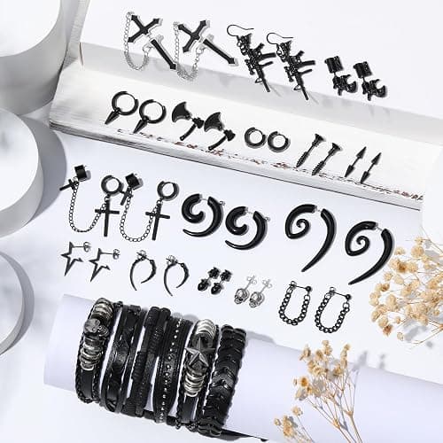 gisgfim 22 Pcs Punk Goth Grunge Jewelry Set for Men Women Leather Bracelets Stainless Steel Y2K Black Piercing Dangle Earrings Bulk Vintage Cool Emo Jewelry Sets Party Costume Accessories Gifts thumbnail 2