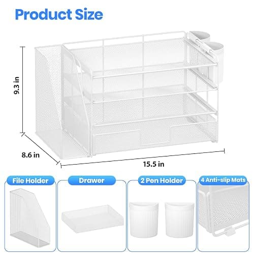 OPNICE Desk Organizer and Accessories, 4-Tier Desktop File Organizer with Drawer and 2 Pen Holders, Office Desk Accessories, File Sorters, Workspace Organizers for Office Supplies(White) thumbnail 2