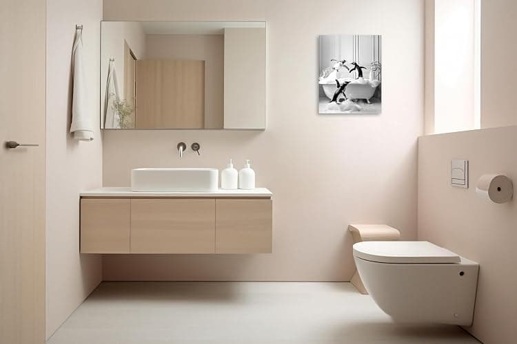 OWNANRTHM Funny Animals Bathroom Canvas Wall Art Penguin in Bathtub Wall Art Funny Animal Bathroom Painting Black and White Penguin Bathtub Pictures for Bath Restroom Wall Decor Framed 8X10 inch thumbnail 3