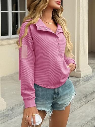 Fisoew Womens Cropped Sweatshirts Casual Henley Neck Snap Button Long Sleeve Ribbed Loose Fit Fall Crop Tops thumbnail 4